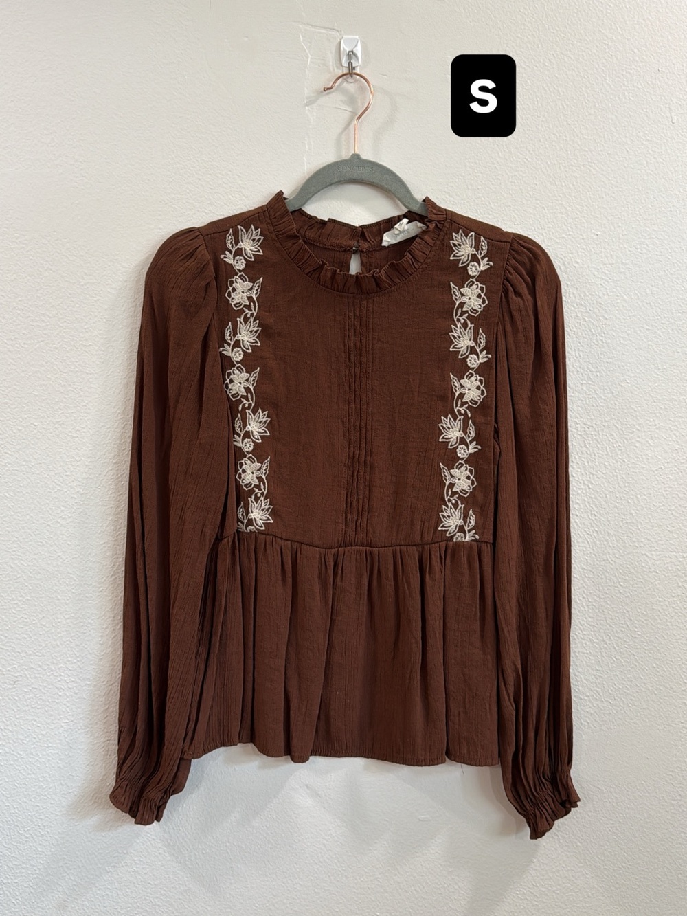 Women's Brown Floral-Embroidered Peasant Blouse